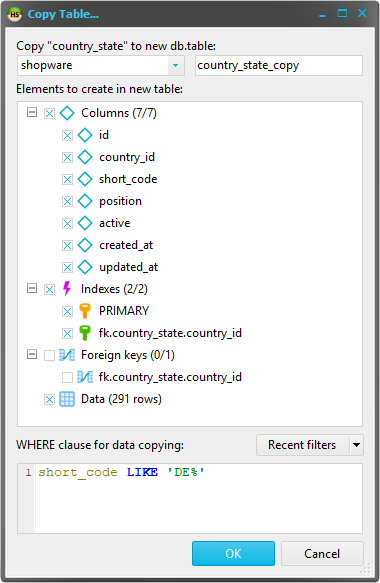 HeidiSQL screenshot: Create exact copies of an existing table, within the same database or in another one.