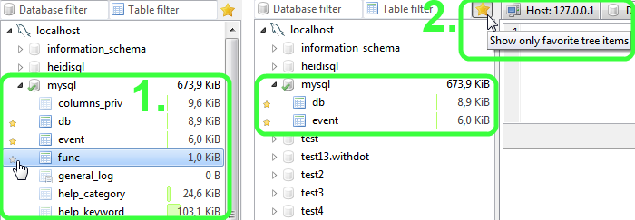 HeidiSQL screenshot: Mark tables and whatever as favorites.