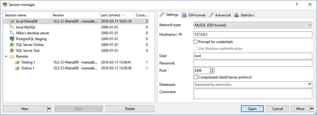 HeidiSQL screenshot: The very first dialog which asks for hostname and credentials. The list of wanted databases can be limited and sorted alphabetically.