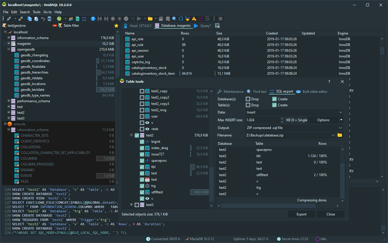 HeidiSQL screenshot: Details about tables and views. Switchable column headers. Used to rename, delete, empty and modify tables.