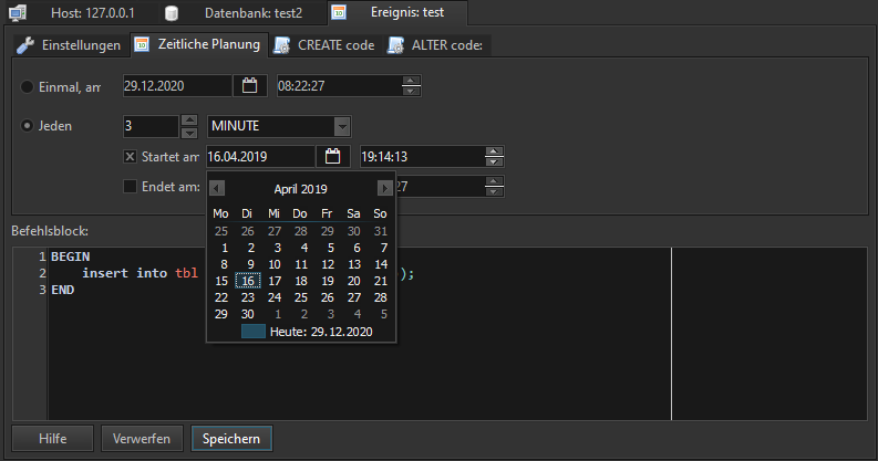 HeidiSQL screenshot: Create and modify scheduled scripts (EVENTs).