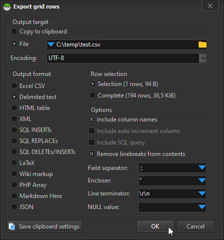 HeidiSQL screenshot: Save the result of any data grid to CSV, HTML, XML, LaTeX, Wiki markup or PHP files.