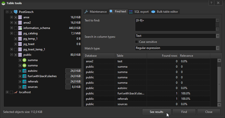 HeidiSQL screenshot: Find text in a table, a database or even on the whole server.