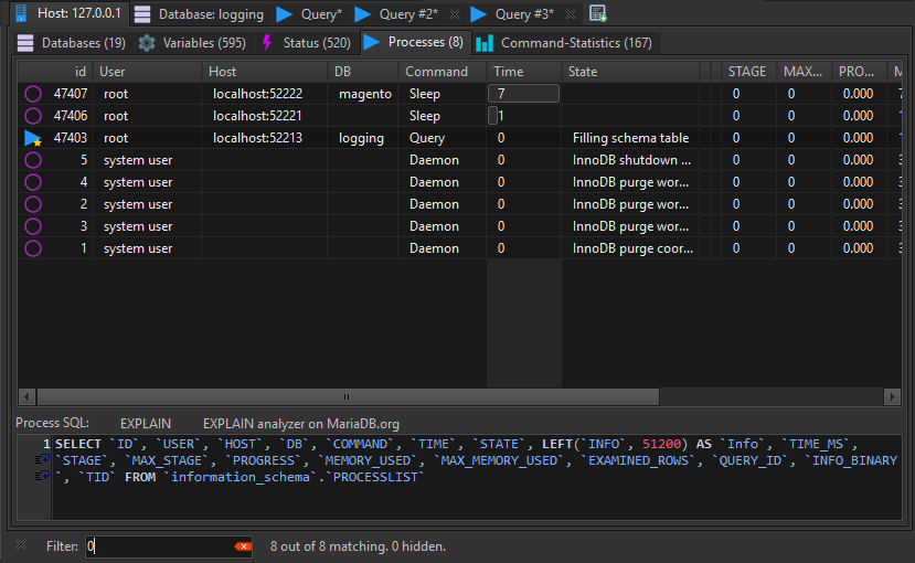 HeidiSQL screenshot: The list of currently running processes. Used to analyze executed SQL and to kill bad processes.