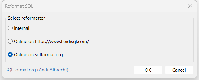 HeidiSQL screenshot: Clean up SQL code by using an internal or one of the online reformatters