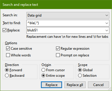 HeidiSQL screenshot: Find and replace text in query editors, supporting regular expressions with callbacks. This dialog also supports searching and replacing in table rows!
