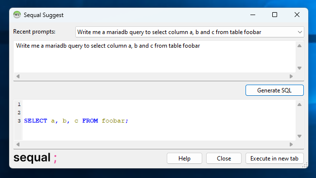 HeidiSQL screenshot: Generate SQL queries through natural language, based on the API from https://sequal.dev/