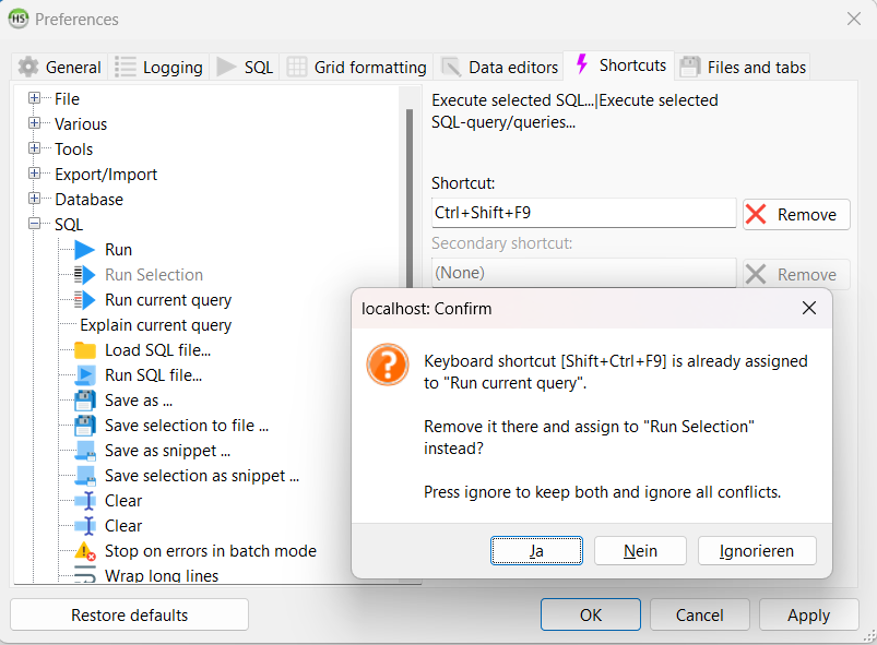 HeidiSQL screenshot: Override default keyboard hotkeys with your personal preferences
