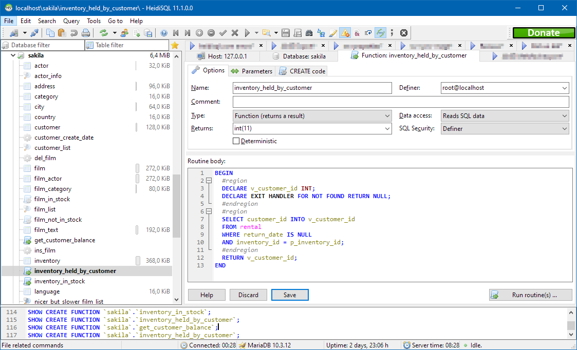 HeidiSQL screenshot: Create and edit stored procedures and functions.