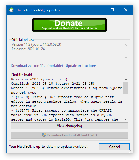 HeidiSQL screenshot: Keeps your HeidiSQL version up to date with the latest features and bugfixes. Can be invoked automatically by option.