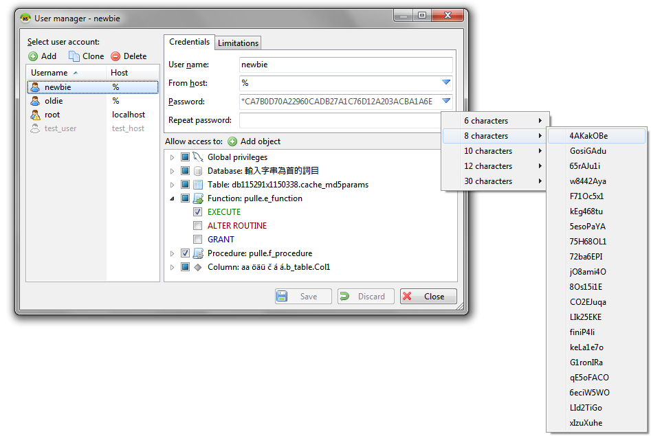 HeidiSQL screenshot: Administer MariaDB/MySQL accounts as easily as a toy. A pulldown showing assigned database objects reveals everything.