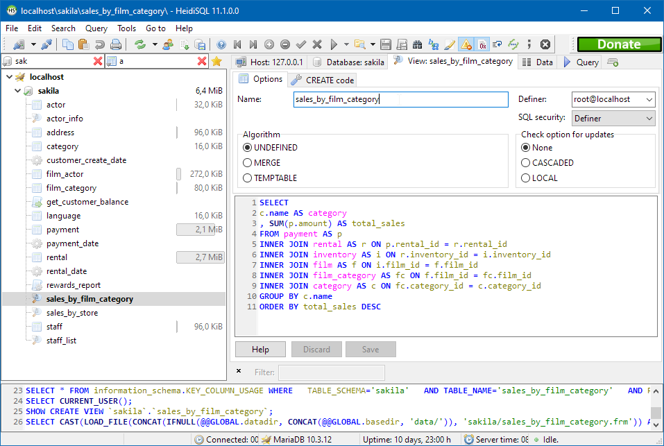 HeidiSQL screenshot: Create and modify VIEWs on newer MariaDB/MySQL servers.